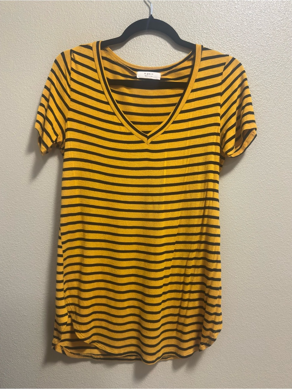 Striped V-Neck Short Sleeve Tee in Mustard/Black